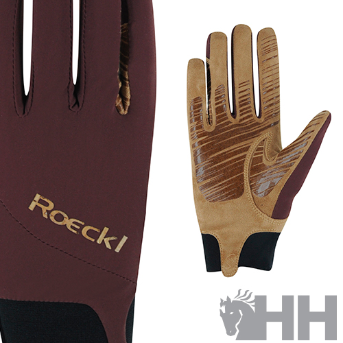 Par de luvas Roeckl castanhas com interior em camurça bege, sobre fundo branco com logótipo HH