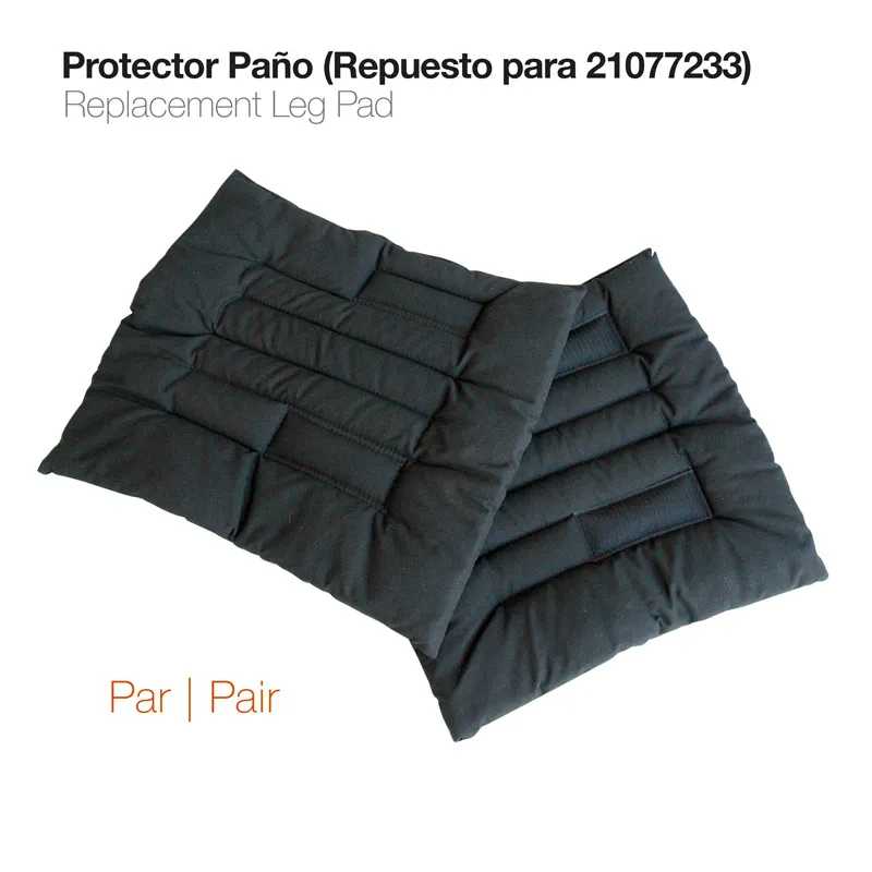 Par de almofadas de proteção pretas para pernas com costuras quadradas e rectangulares, texto visível em espanhol e inglês.