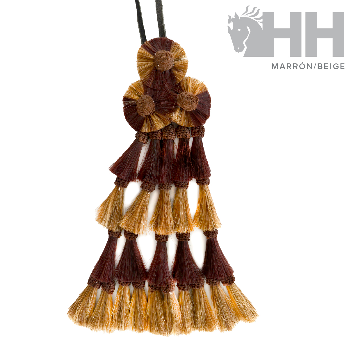 Cordão decorativo castanho/bege com franjas e nós de fios