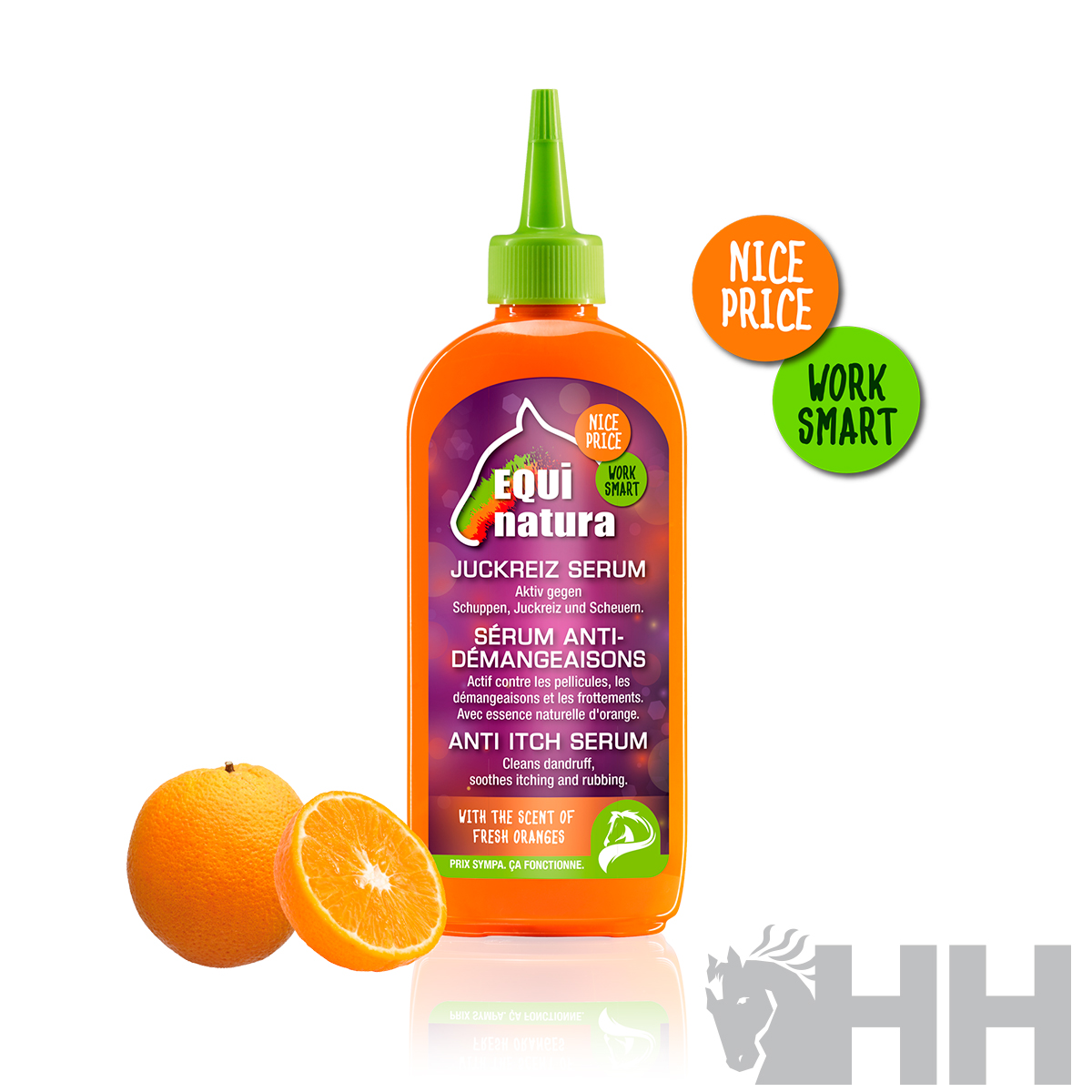 Frasco de sérum anti-coceira Equi natura laranja com tampa verde e laranjas cortadas ao lado