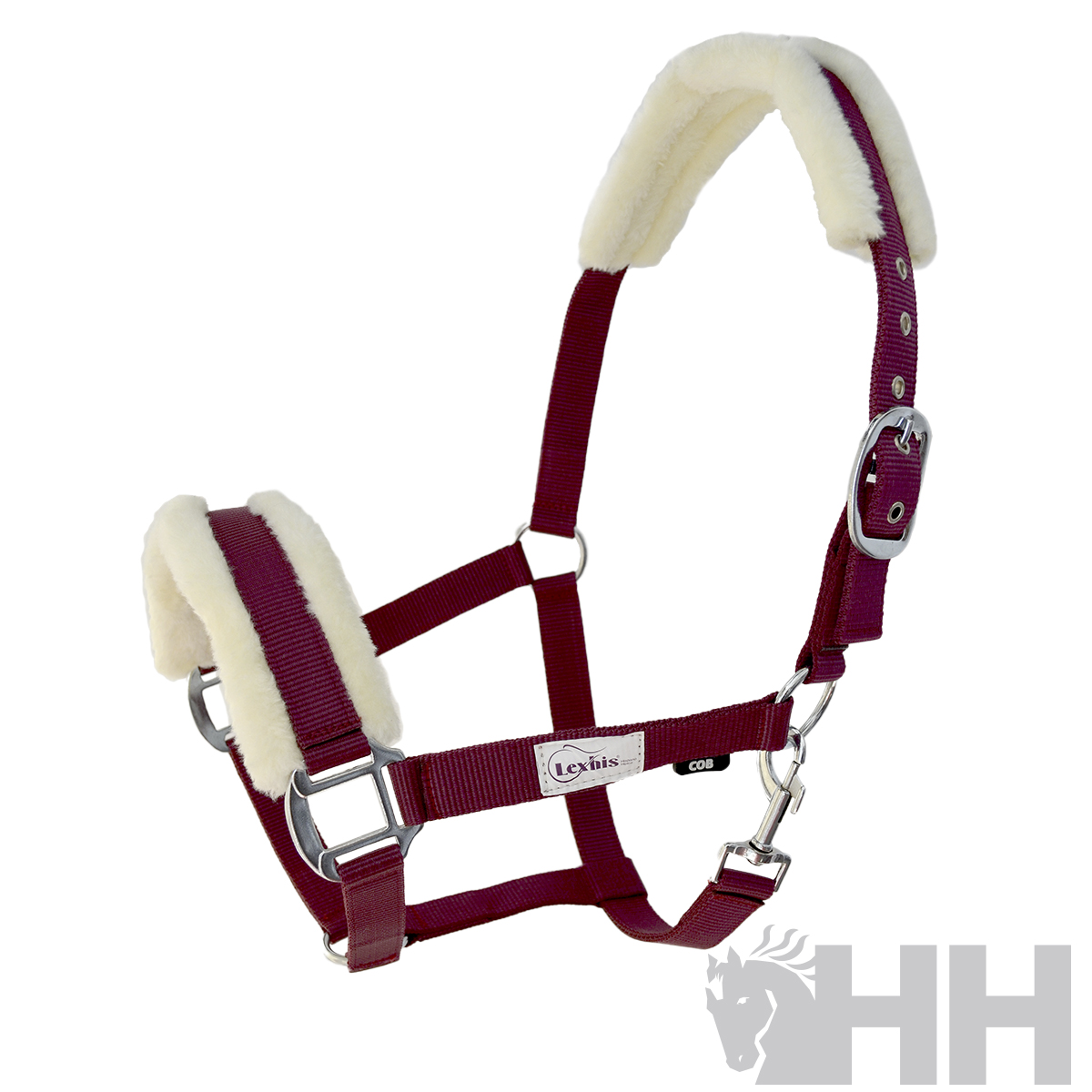 Cabresto vermelho com almofadas brancas para cavalo.