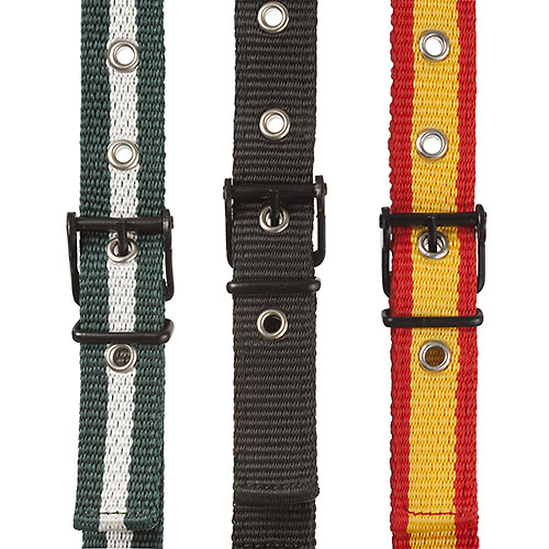 Três pulseiras têxteis coloridas com fivelas e ilhós metálicos