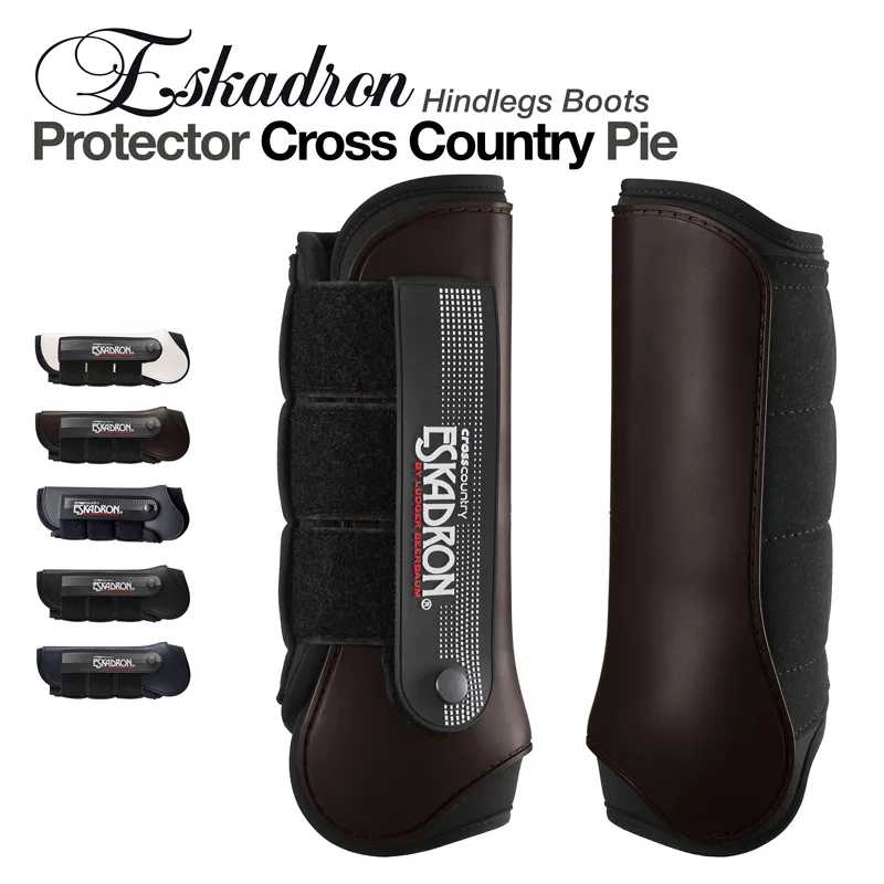Botas de proteção para cavalos Eskadron Protector Cross Country Pie castanho e preto com velcro e logo Eskadron.