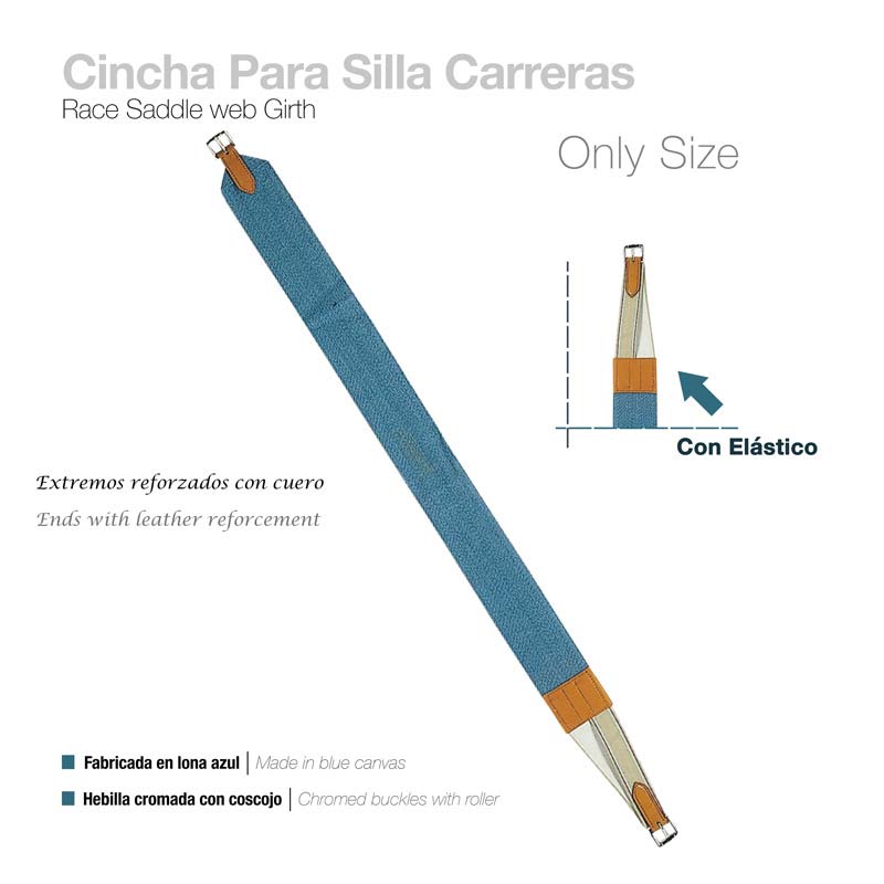 Cincha azul para sela de cavalo com reforços em couro castanho