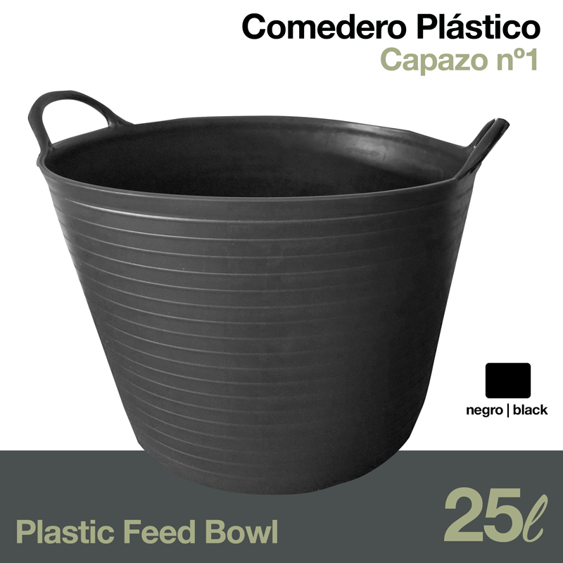 Tacho plástico preto para alimentação, capacidade 25 litros, com alças.