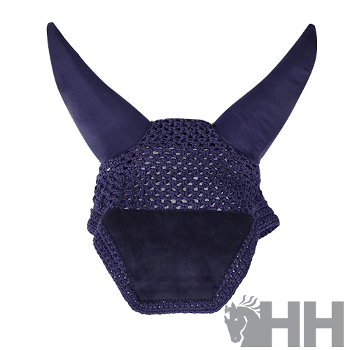 Chapéu azul escuro para cavalo com textura de malha e tecido liso, sobre fundo branco com logotipo HH