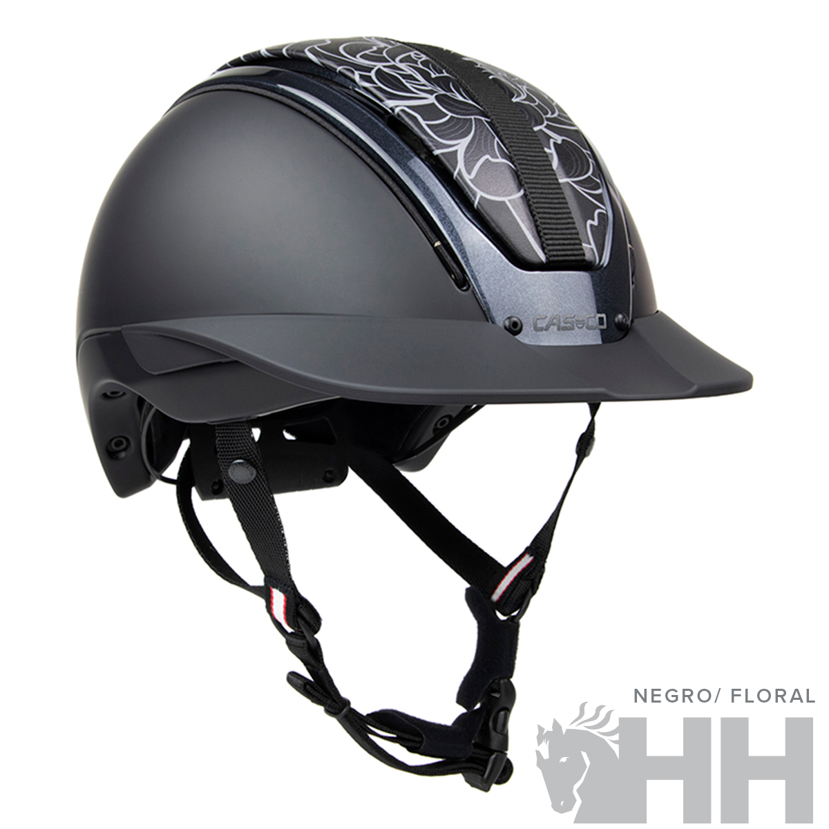 capacete de equitação preto com padrão floral cinza e correias pretas