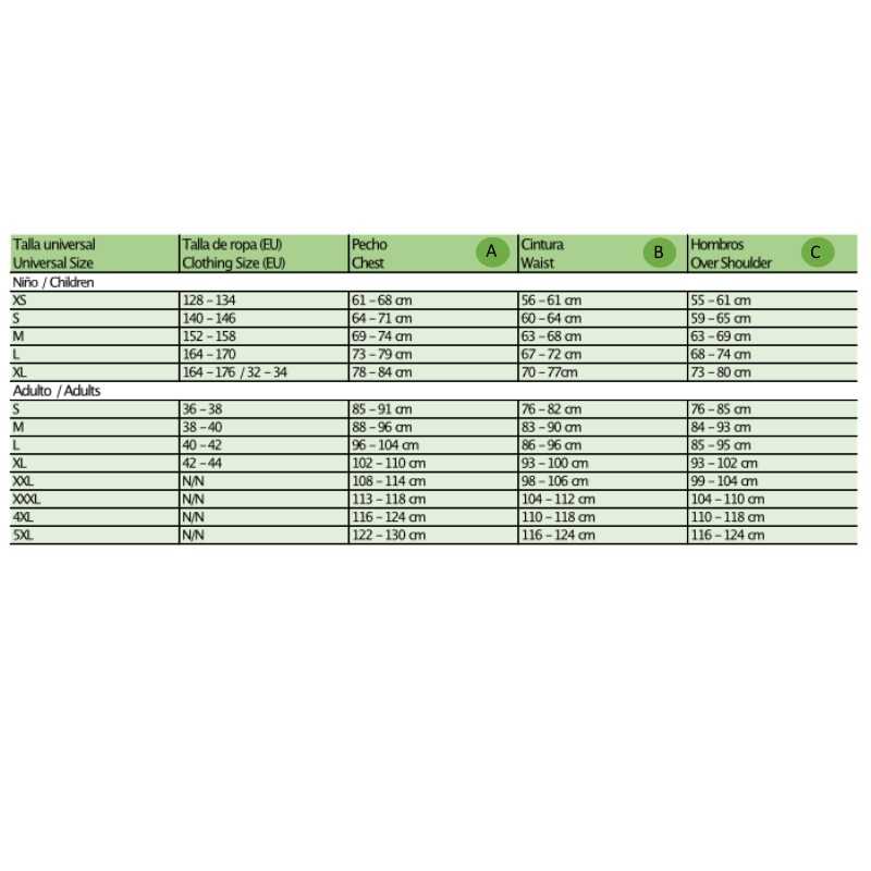 Tabela de tamanhos universal para roupas com medidas de peito, cintura e ombros para crianças e adultos