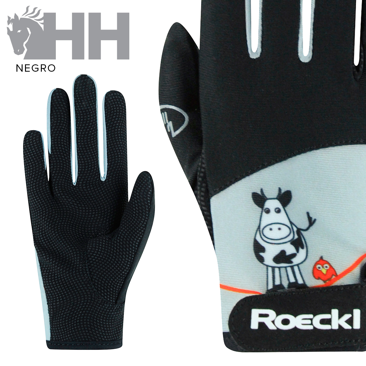 Luvas pretas com detalhes cinza e ilustração de vaca e galinha, texto ROECKL