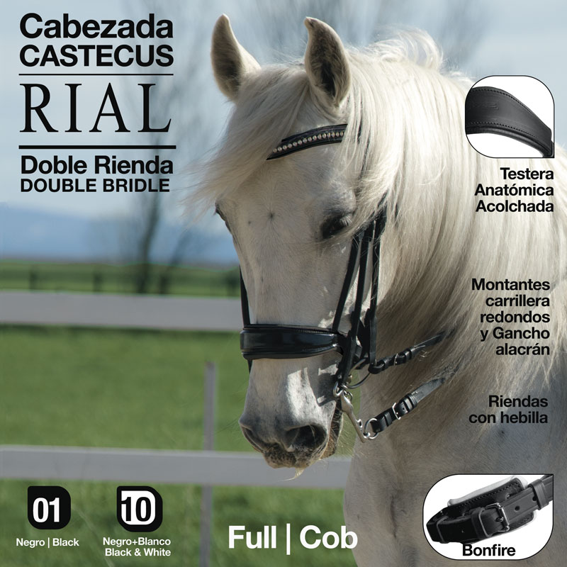 Cabeçada preta com detalhes em branco para cavalo, testera acolchoada, mostrando o produto usado num cavalo branco ao ar livre.