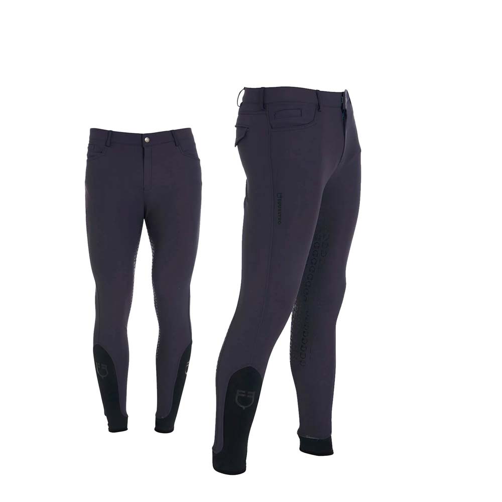 Calças pretas de equitação com reforço nas pernas e punhos elásticos