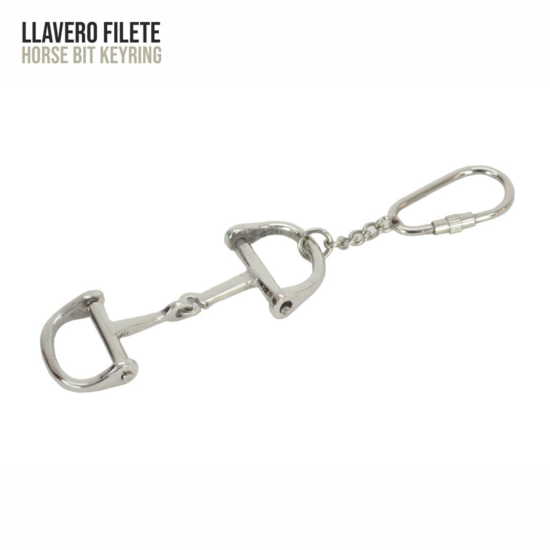 Porta-chaves metálico prateado em forma de freio de cavalo com corrente e mosquetão