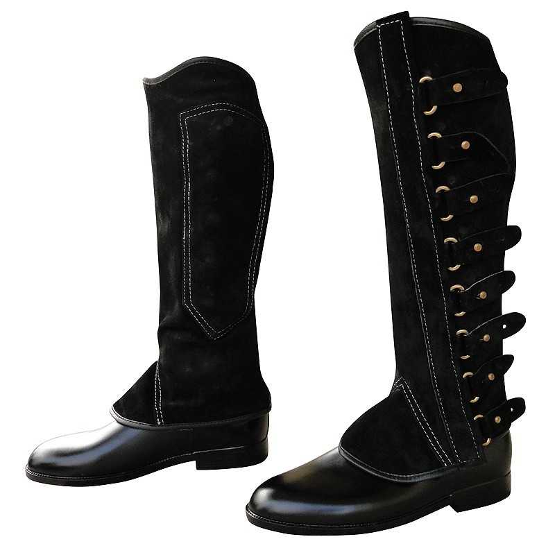 Botas altas femininas pretas em camurça e couro com costuras brancas