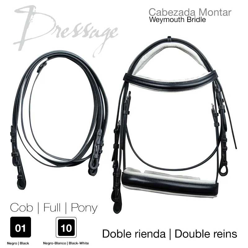 Cabeçada e rédeas duplas em couro preto e branco para equitação dressage