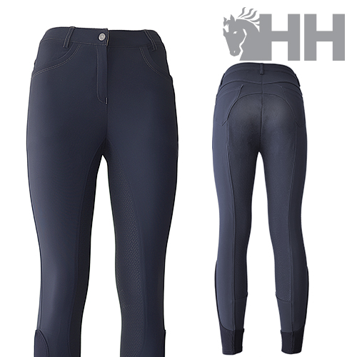 Calças de equitação femininas azul escuro vistas de frente e costas com logotipo HH