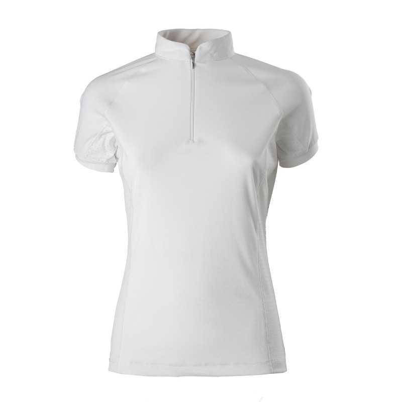 Camisola branca de manga curta com fecho zip e gola alta