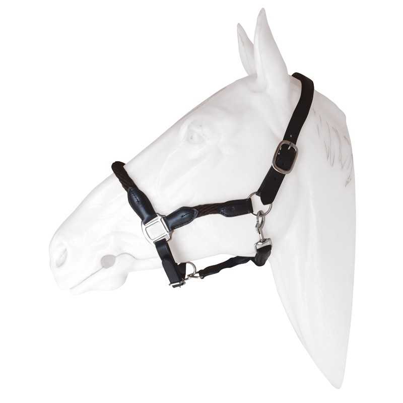 Cabresto preto ajustável com fivelas metálicas num manequim branco de cabeça de cavalo