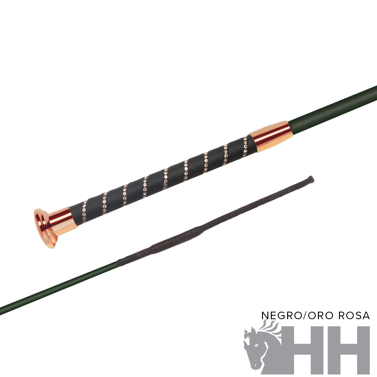 Vara de equitação preta com detalhes dourado rosa