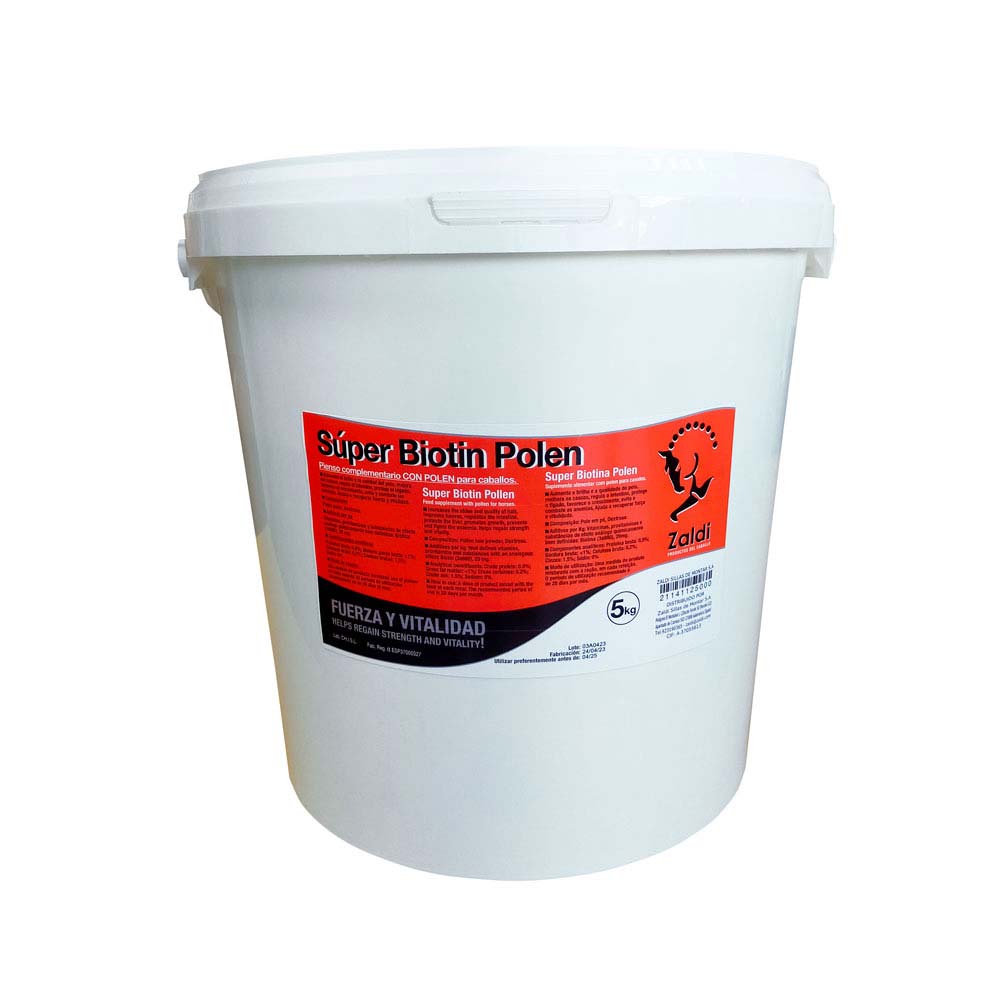 Recipiente branco com rótulo vermelho e preto de suplemento para cavalos Super Biotin Polen Zaldi
