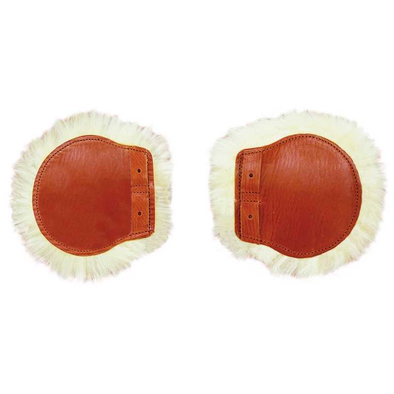 Par de acessórios redondos para polimento com base de couro castanho e borda de pelo branco