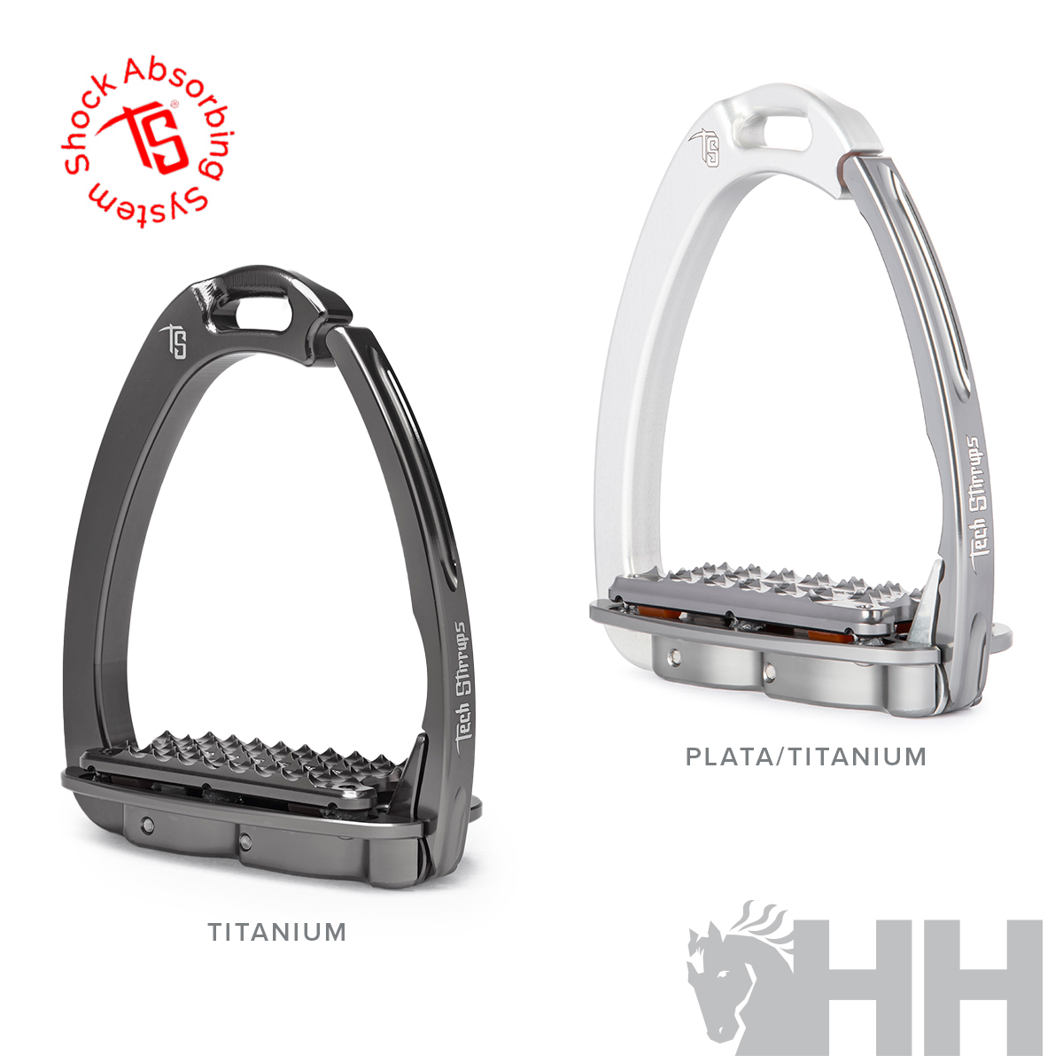 Dois estribos metálicos preto e branco com sistema de absorção de choque e logo HH