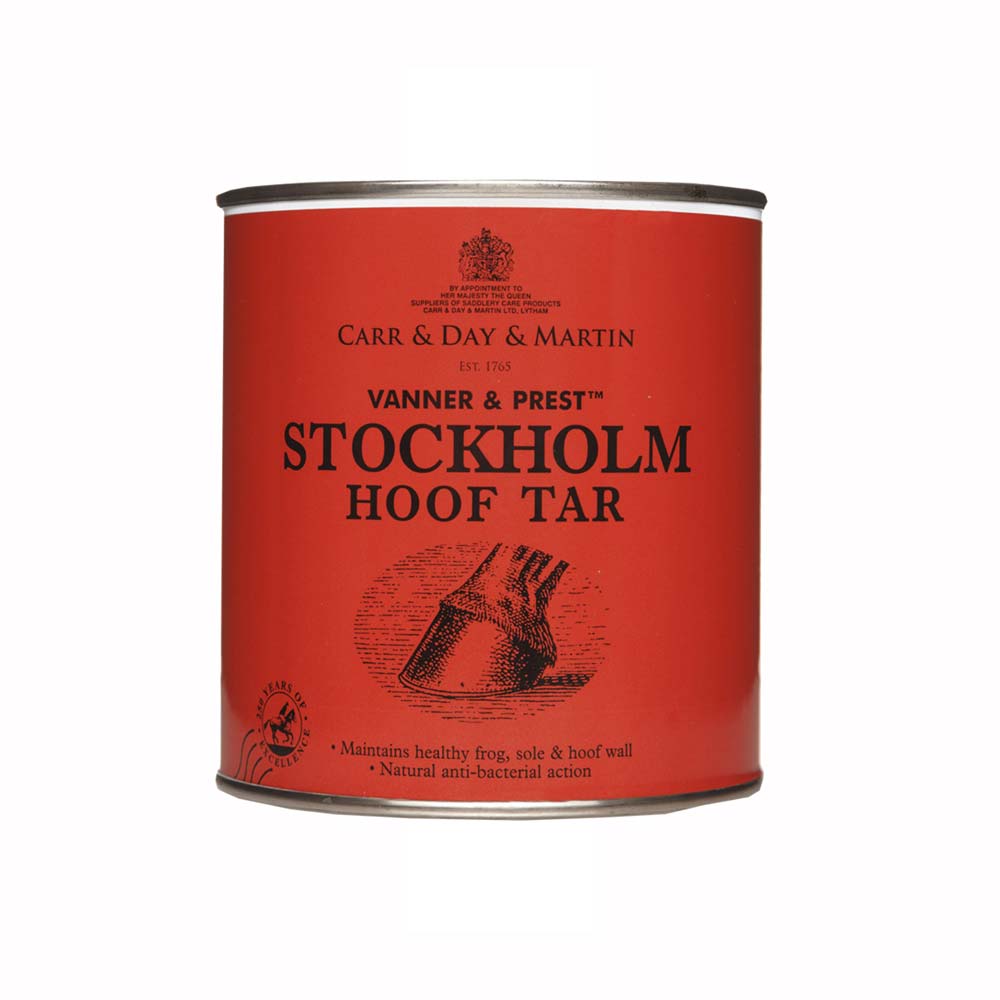 Lata vermelha de Stockholm Hoof Tar com texto e imagem de casco de cavalo