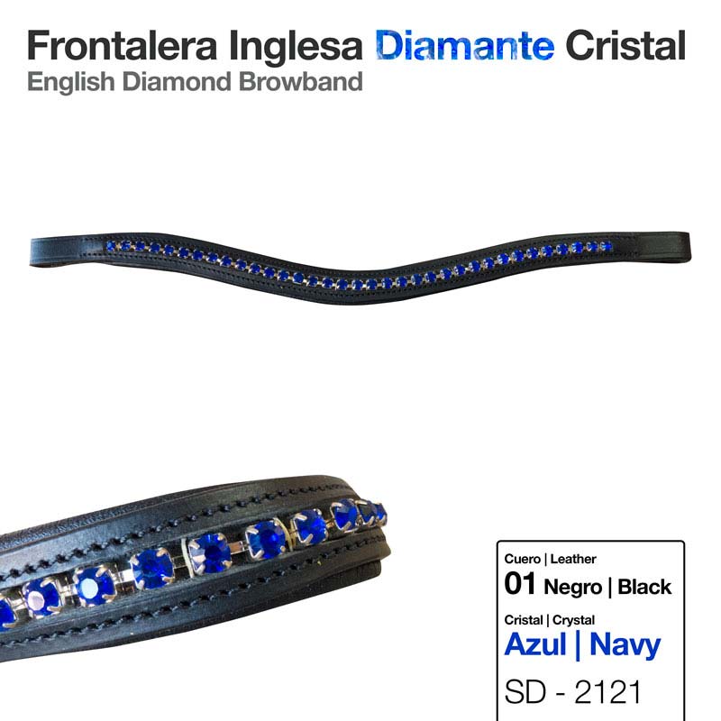 Frontalera inglesa em couro preto com cristais azul marinho em padrão diamante