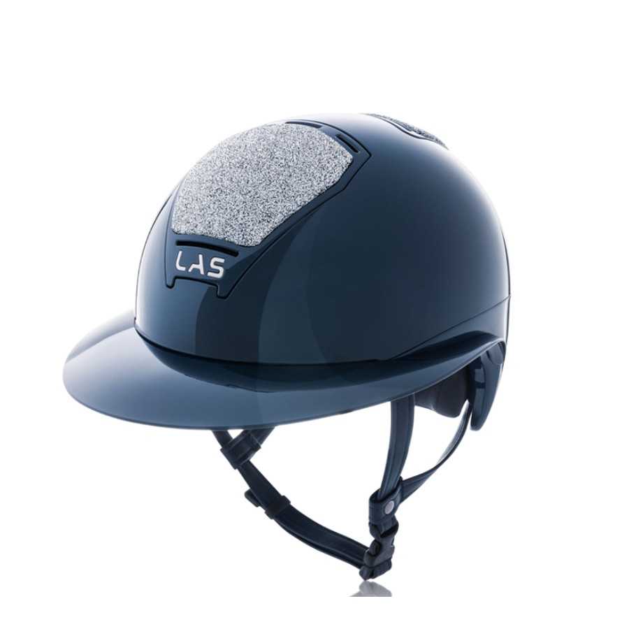 Capacete de equitação azul escuro com detalhe cinzento e inscrição LAS