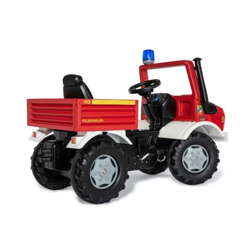 Trator de brinquedo vermelho com carrinho de carga e luz azul no tejadilho