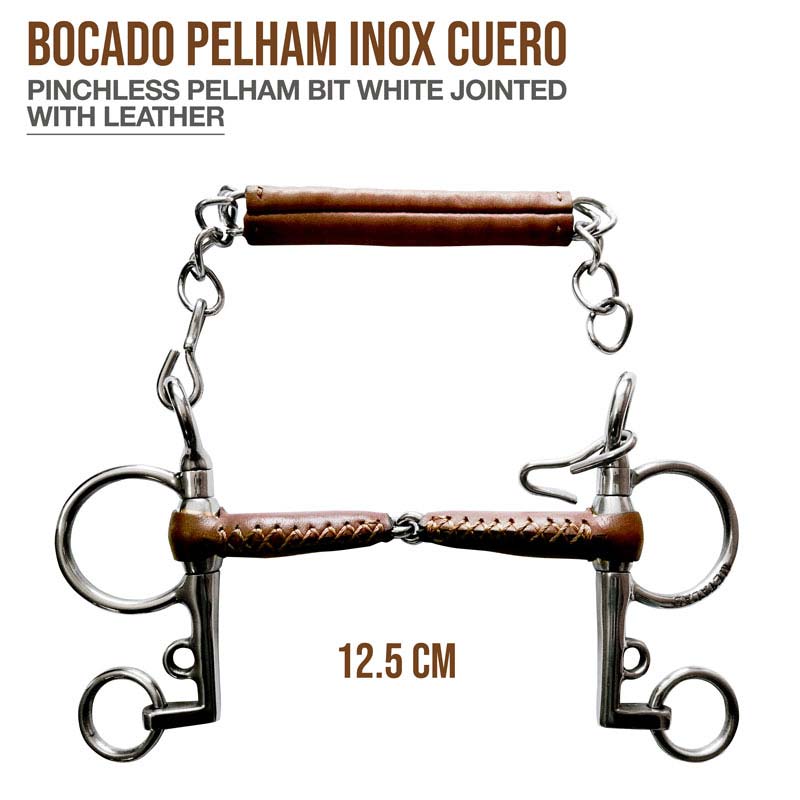 Freio Bocado Pelham inox com couro castanho e partes metálicas prateadas, com texto e medida visíveis