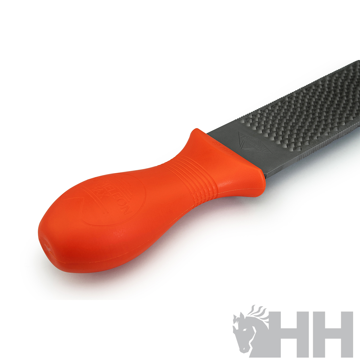 Lima de metal com cabo laranja e lâmina cinzenta com superfície áspera