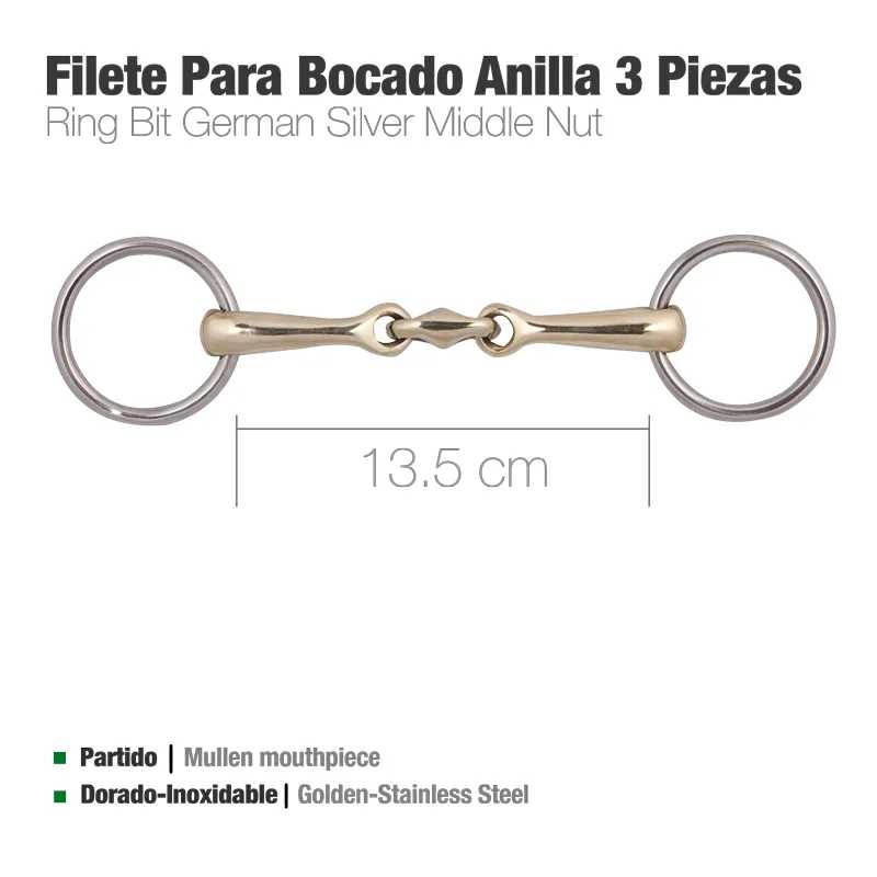 Filete para bocado com anilhas, 3 peças, aço inoxidável dourado, 13,5 cm