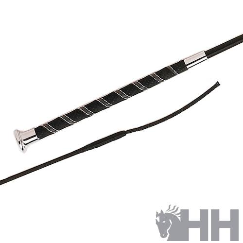 Chicote de equitação preto com detalhes metálicos