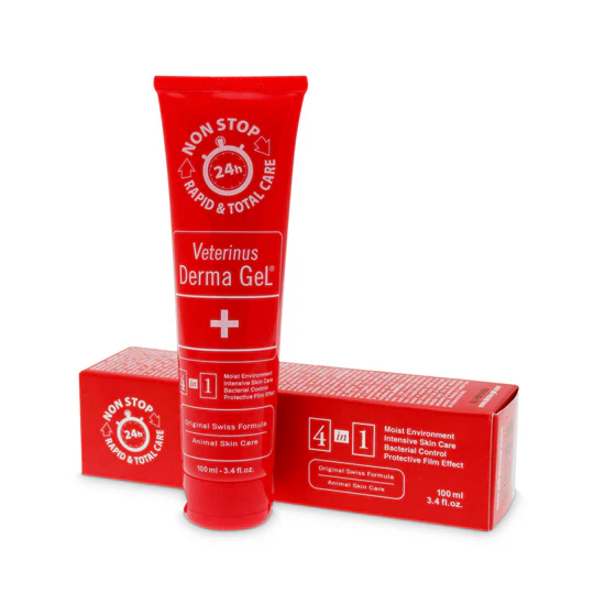 Tubos e embalagem vermelhos do produto Veterinus Derma Gel para cuidados intensivos da pele animal