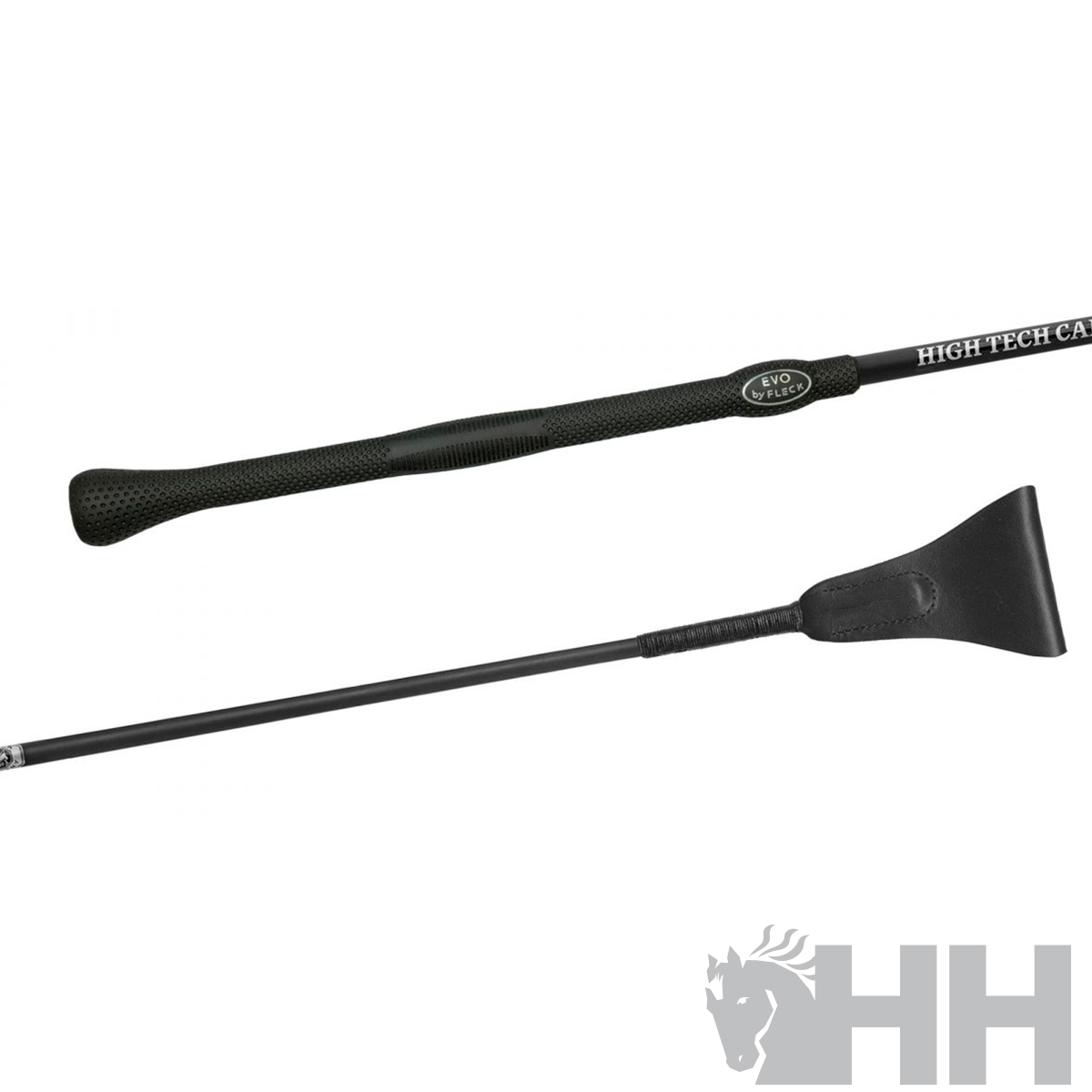 Chicote preto com pega texturizada e ponta alargada com texto no cabo