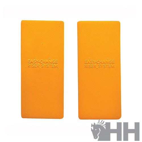 Dois apoios elevados laranja com texto EASY-CHANGE RISER SYSTEM