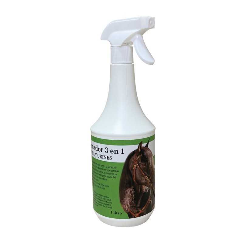 Frasco de spray branco com rótulo verde e imagem de cavalo