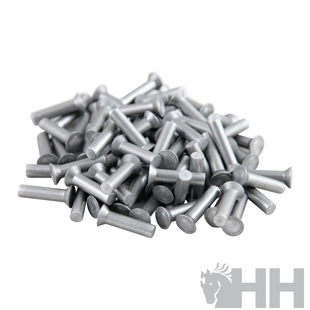 Parafusos metálicos prateados com cabeça chata em superfície branca