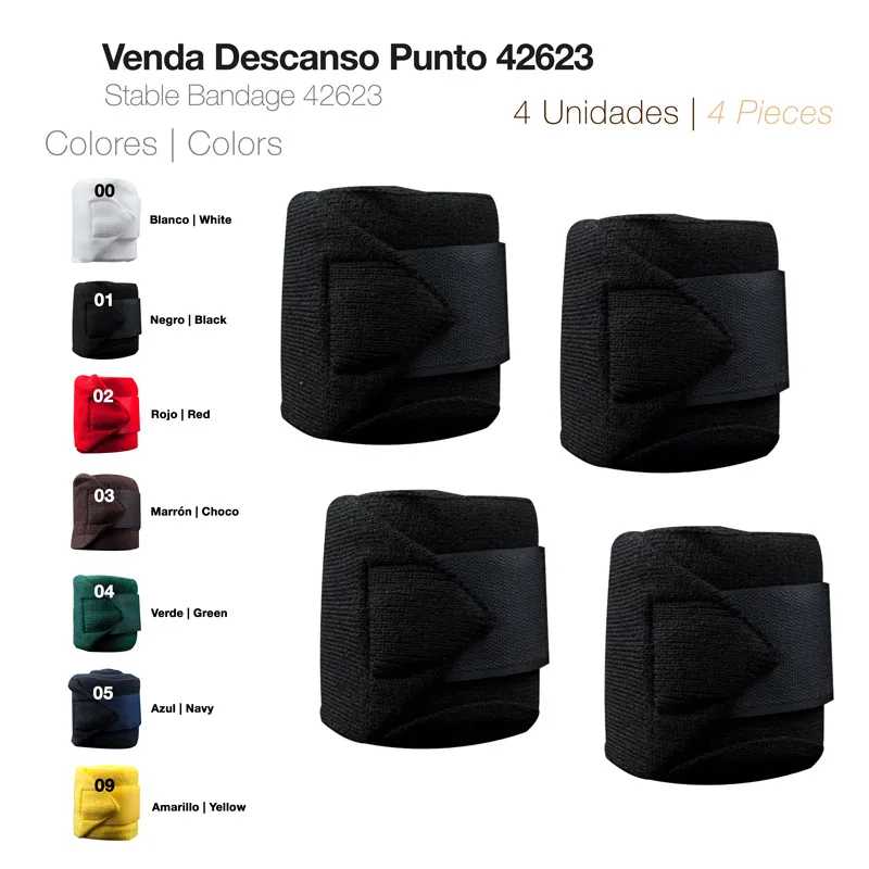 Quatro vendas de descanso pretas quadradas com fecho velcro e lista de cores disponíveis