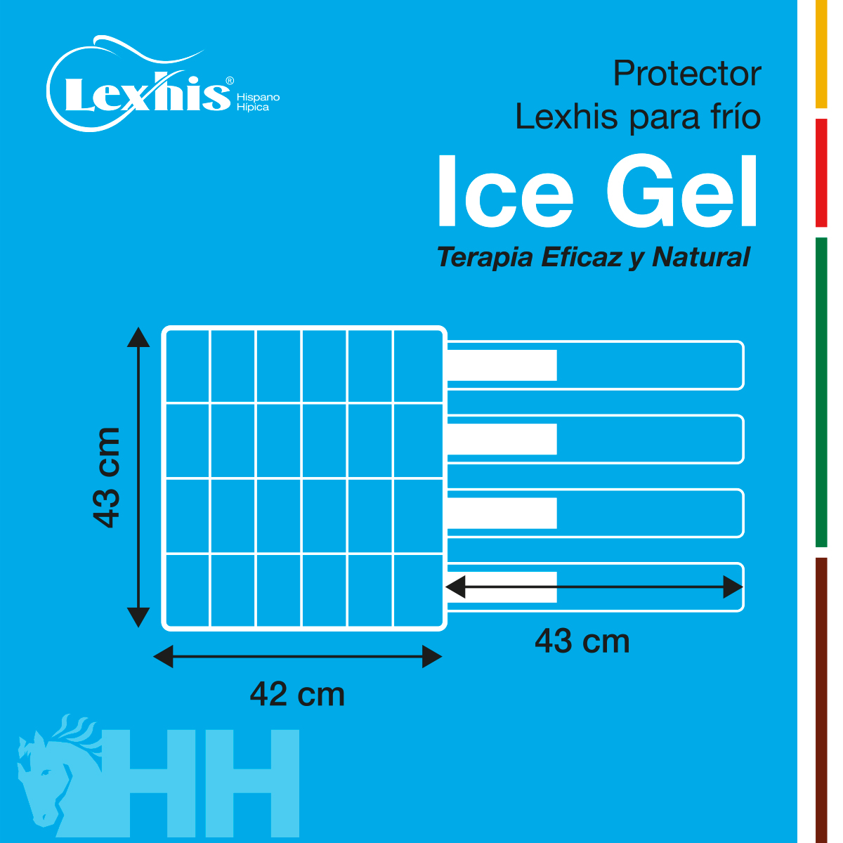 Embalagem azul do Lexhis Ice Gel com texto e diagrama de medidas.