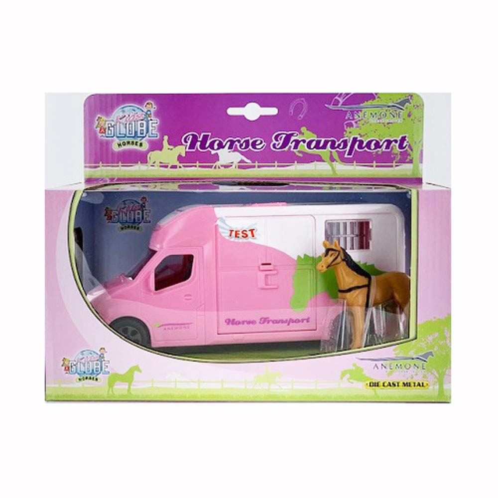 Brinquedo transporte de cavalos cor-de-rosa com cavalo castanho em embalagem lilás e verde