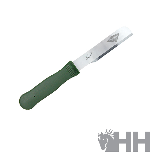 Faca com lâmina prateada e cabo verde sobre fundo branco