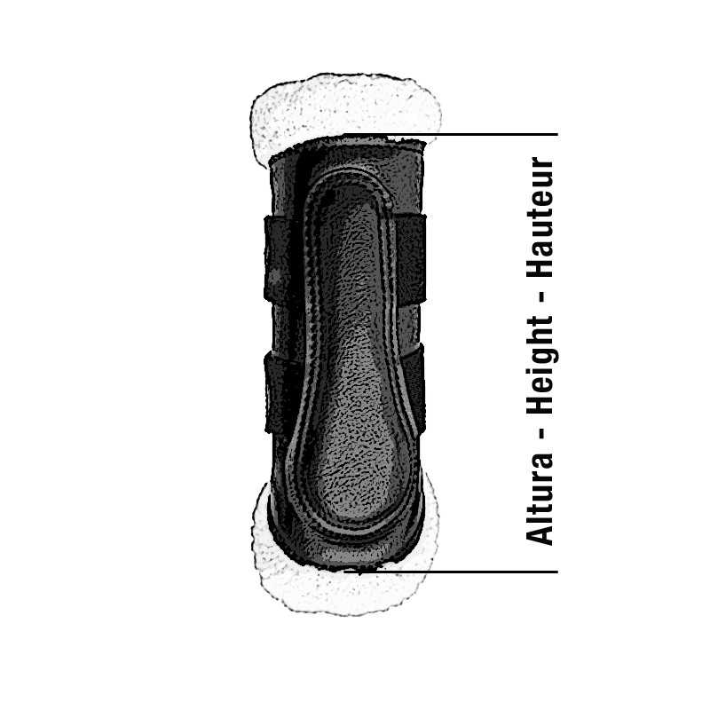 Proteção para cavalo preta com interior peludo branco e fitas de velcro com texto Altura - Height - Hauteur