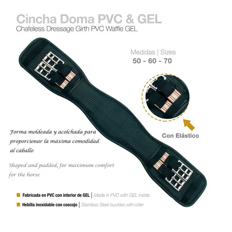 Cincha preta para cavalo em PVC e gel acolchoado com hebilhas inoxidáveis