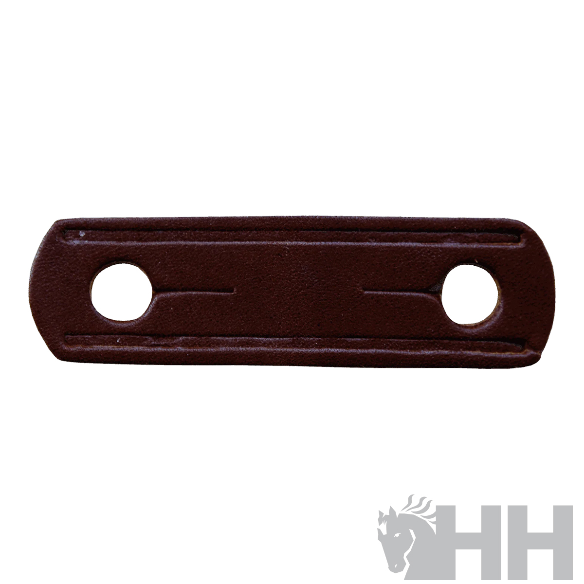 Peça de couro castanho escuro com dois furos redondos
