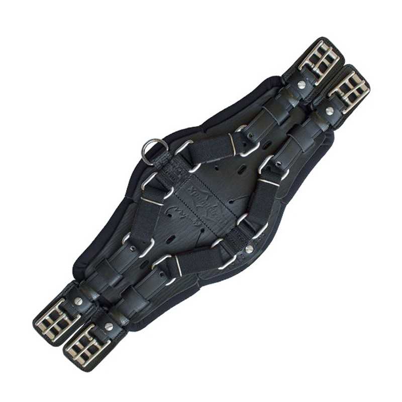 Muserola preta de couro e tecido acolchoado com fivelas metálicas