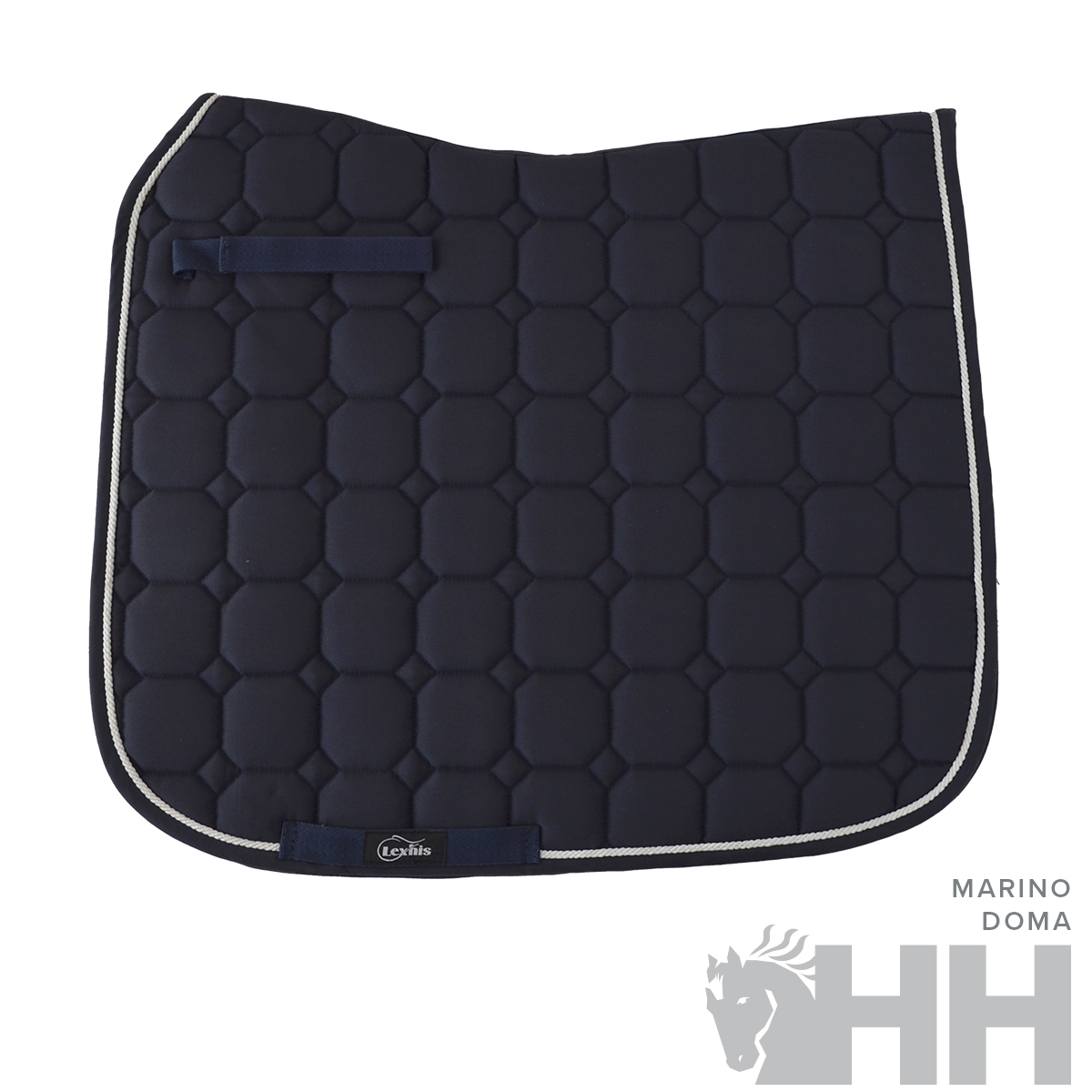 Manta de sela quadrada azul-marinho acolchoada com borda branca e etiqueta Expósito