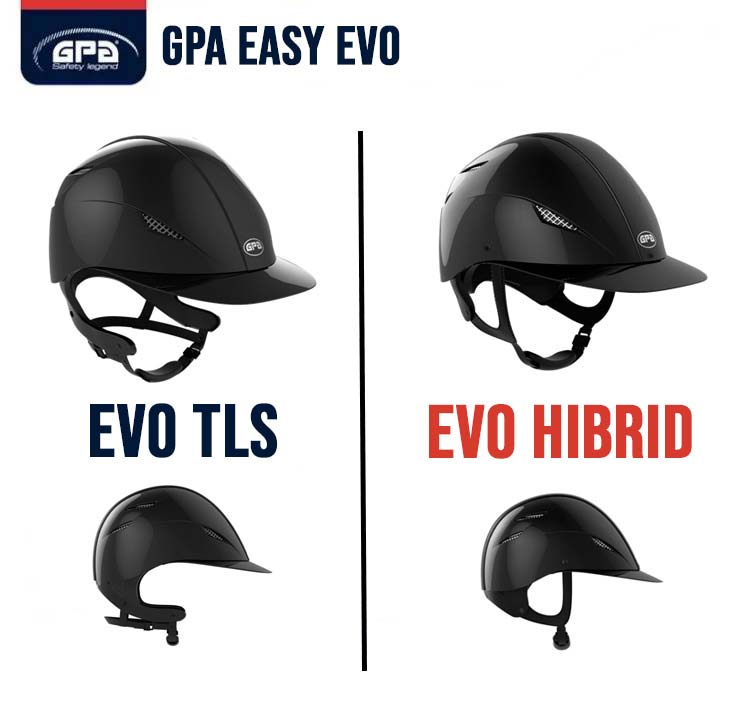 Capacetes pretos para equitação modelos EVO TLS e EVO HIBRID da marca GPA