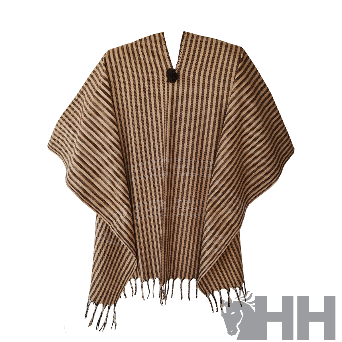 Poncho castanho e bege às riscas com franjas e fecho de nó