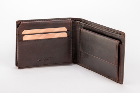 Carteira em pele castanha aberta com compartimentos para cartões, moedas e notas